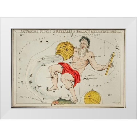 Astronomical chart illustration of the Zodiacs Aquaris-Piscis Australis and Ballon Aerostatique White Modern Wood Framed Art Print by Hall, Sidney