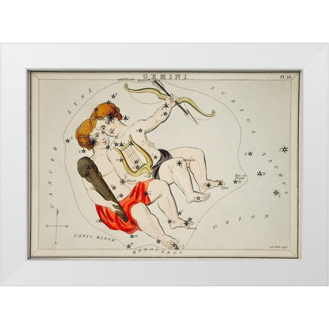 Astronomical chart illustration of the Zodiac Gemini White Modern Wood Framed Art Print by Hall, Sidney