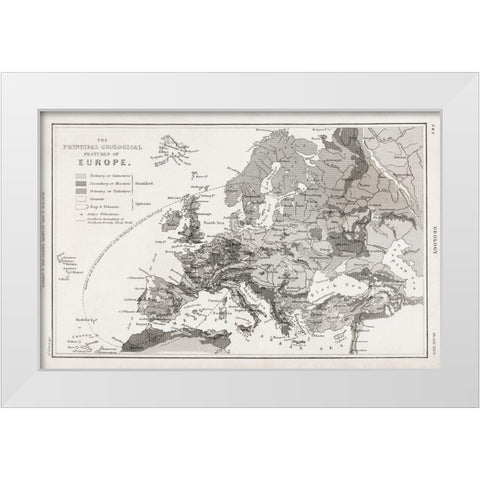 Geology-The Principal Features of Europe Geological 1820 White Modern Wood Framed Art Print by Goldsmith, Oliver