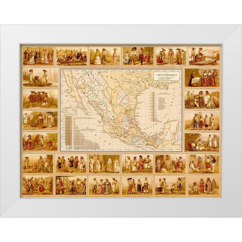 Ethnographic Map of Mexico White Modern Wood Framed Art Print by Vintage Maps