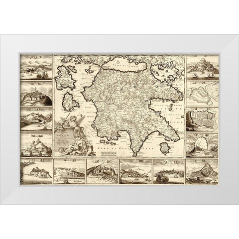 Greece and Peloponnesian White Modern Wood Framed Art Print by Vintage Maps