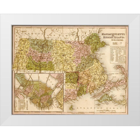 Massachusetts and Rhode Island 1844 White Modern Wood Framed Art Print by Vintage Maps