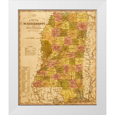 Mississippi 1844 White Modern Wood Framed Art Print by Vintage Maps