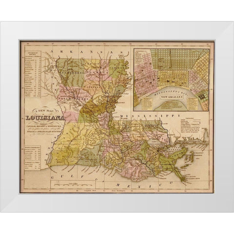 Louisiana 1844 White Modern Wood Framed Art Print by Vintage Maps