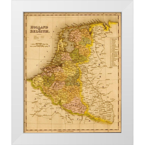 Holland and Belgium 1844 White Modern Wood Framed Art Print by Vintage Maps