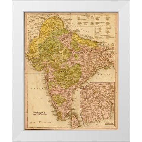 India 1844 White Modern Wood Framed Art Print by Vintage Maps