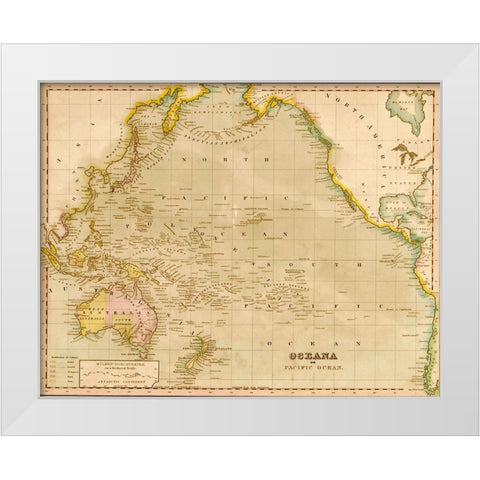 Oceania 1844 White Modern Wood Framed Art Print by Vintage Maps