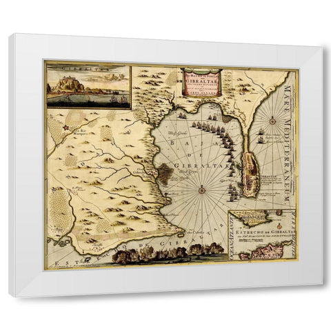 Straits and Defenses at Gibraltar 1700 White Modern Wood Framed Art Print by Vintage Maps