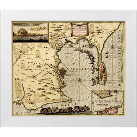 Straits and Defenses at Gibraltar 1700 White Modern Wood Framed Art Print by Vintage Maps