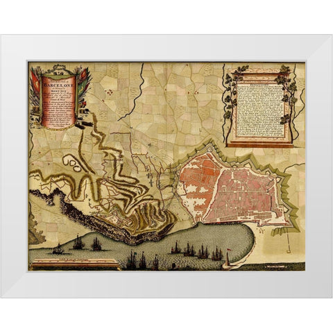 Barcelona Spain Defenses 1700 White Modern Wood Framed Art Print by Vintage Maps