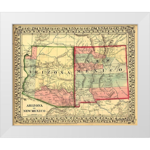 Arizona and New Mexico 1867 White Modern Wood Framed Art Print by Vintage Maps