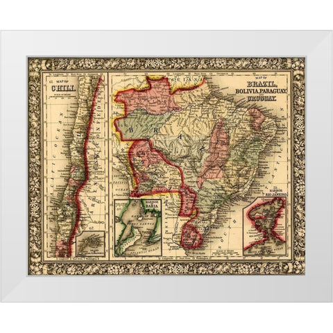Brazil-Bolivia-Paraguay-Uruguay-Chili 1870 White Modern Wood Framed Art Print by Vintage Maps