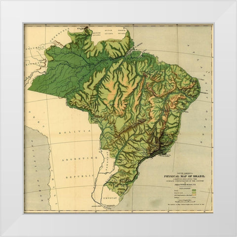 Physical Map of Brazil-the Amazon and Its tributaries 1886 White Modern Wood Framed Art Print by Vintage Maps