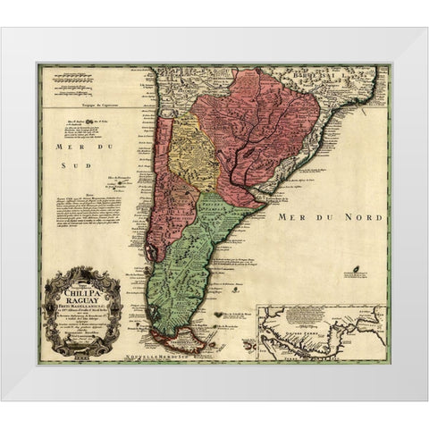 Southern Countries of South America 1733 White Modern Wood Framed Art Print by Vintage Maps