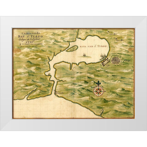 Cuba Santiago Bay White Modern Wood Framed Art Print by Vintage Maps