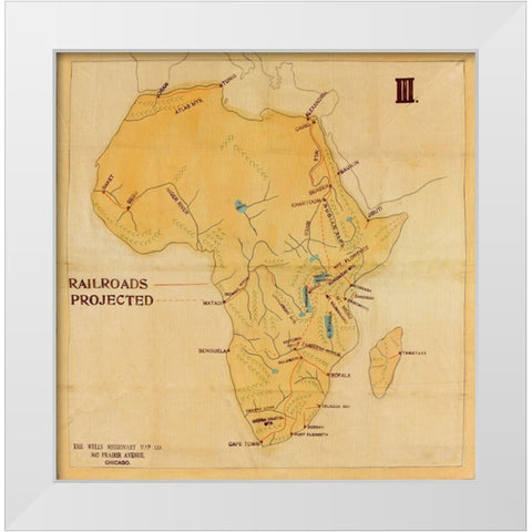 Railroad Map of Africa 1908 Projected Routes White Modern Wood Framed Art Print by Vintage Maps