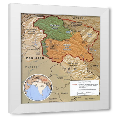 Disputed Area of Kashmir 2002 White Modern Wood Framed Art Print by Vintage Maps