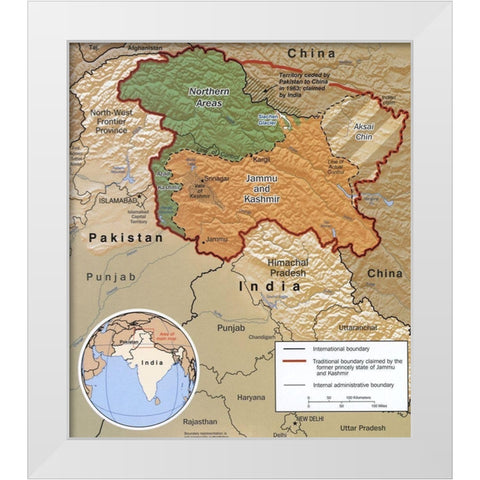 Disputed Area of Kashmir 2002 White Modern Wood Framed Art Print by Vintage Maps