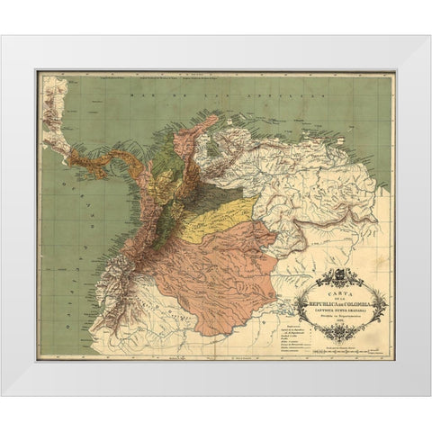 Map of the Republic of Colombia 1886 White Modern Wood Framed Art Print by Vintage Maps