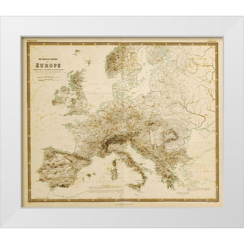 Mountain Systems of Europe White Modern Wood Framed Art Print by Vintage Maps