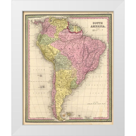 South America 1849 White Modern Wood Framed Art Print by Vintage Maps