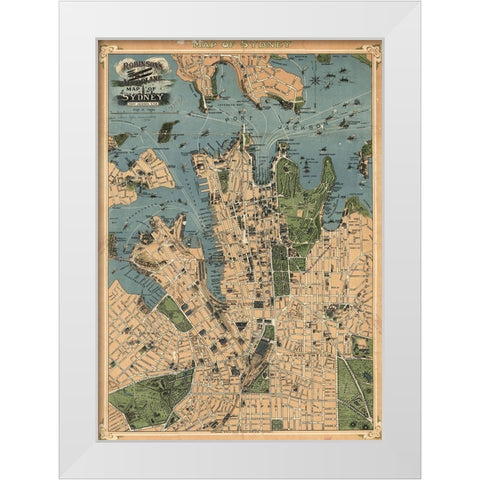 Aeroplane map of Sydney Australia 1922 White Modern Wood Framed Art Print by Vintage Maps
