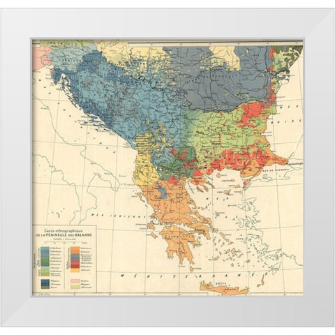Ethnographic Map of the Balkan Peninsula 1918 White Modern Wood Framed Art Print by Vintage Maps
