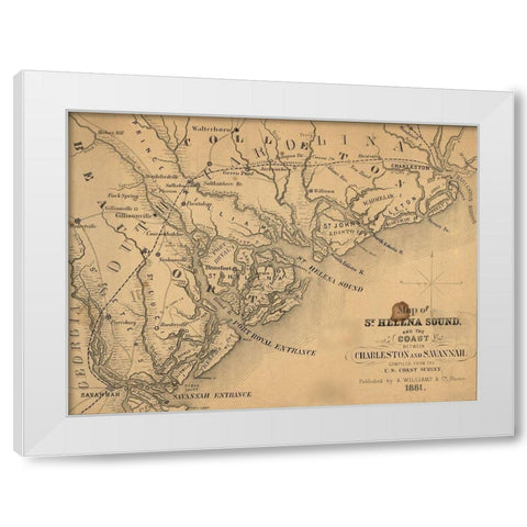 St Helena Sound and the coast between Charleston and Savannah 1861 White Modern Wood Framed Art Print by Vintage Maps