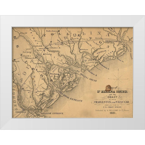 St Helena Sound and the coast between Charleston and Savannah 1861 White Modern Wood Framed Art Print by Vintage Maps
