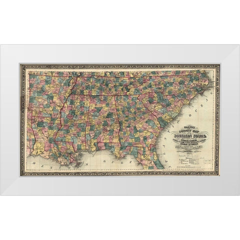 Railway and County Map of the Southern States White Modern Wood Framed Art Print by Vintage Maps