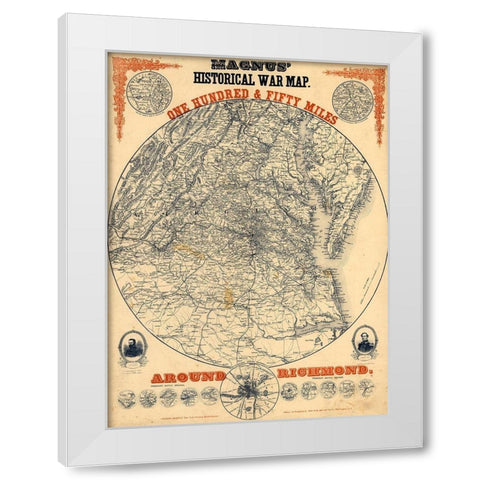 150 Miles Around Richmond 1864 White Modern Wood Framed Art Print by Vintage Maps
