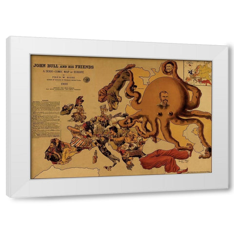 John Bull and his friends a comic map of Europe 1900 White Modern Wood Framed Art Print by Vintage Maps
