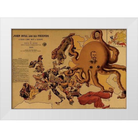 John Bull and his friends a comic map of Europe 1900 White Modern Wood Framed Art Print by Vintage Maps