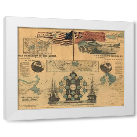 Telegraph Chart of America and Europe 1858 White Modern Wood Framed Art Print by Vintage Maps