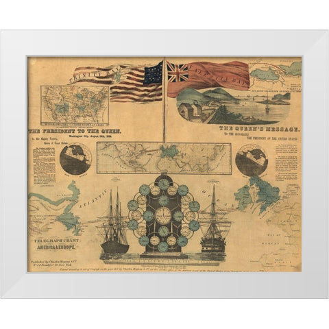 Telegraph Chart of America and Europe 1858 White Modern Wood Framed Art Print by Vintage Maps