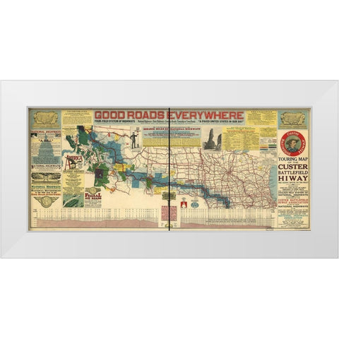 Good Roads Everywhere A Touring Map of the Custer Battlefield Highway 1925 White Modern Wood Framed Art Print by Vintage Maps