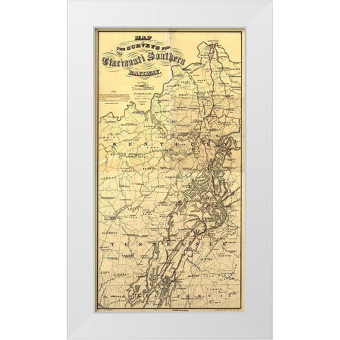 Cincinnati Southern 1873 White Modern Wood Framed Art Print by Vintage Maps