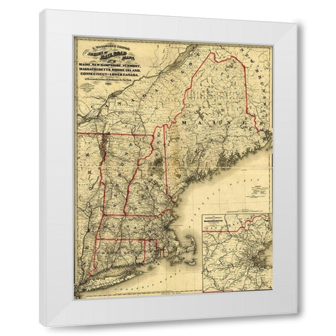 Maine New Hampshire Vermont Massachusetts Rhode Island Connecticut and Lower Canada 1860 White Modern Wood Framed Art Print by Vintage Maps