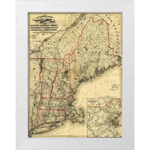 Maine New Hampshire Vermont Massachusetts Rhode Island Connecticut and Lower Canada 1860 White Modern Wood Framed Art Print by Vintage Maps