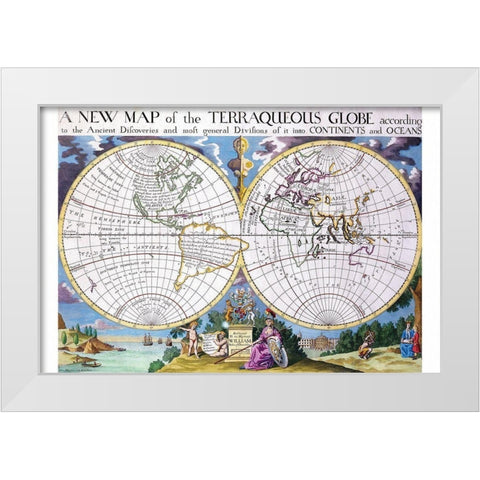 Stereographic Projection of the World with Latitude and Longitudinal lines White Modern Wood Framed Art Print by Wells, Edward