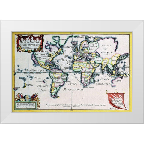 Mappe Monde or Carte Universel White Modern Wood Framed Art Print by Fer, Nicolas De