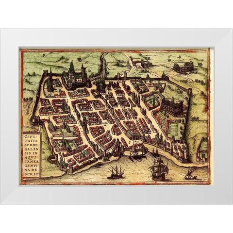 Bordeaux France White Modern Wood Framed Art Print by Hogenberg, Braun