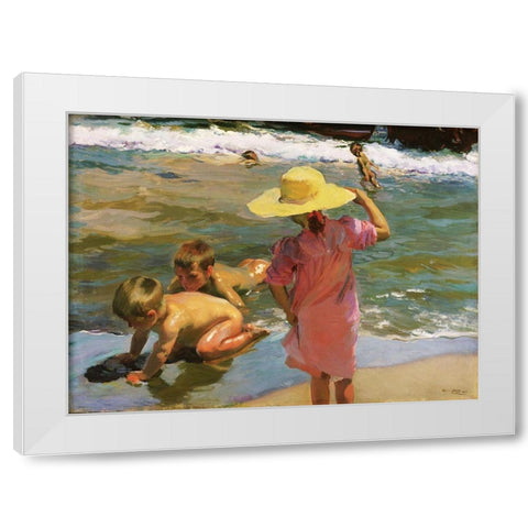 Children at the Seashore White Modern Wood Framed Art Print by Sorolla, Joaquin