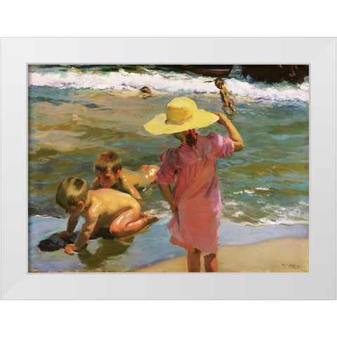 Children at the Seashore White Modern Wood Framed Art Print by Sorolla, Joaquin