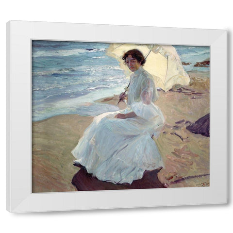 Clotilde on the Beach White Modern Wood Framed Art Print by Sorolla, Joaquin