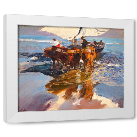 Fishing Boats Valencia Beach White Modern Wood Framed Art Print by Sorolla, Joaquin