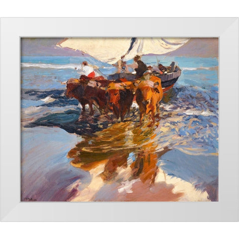 Fishing Boats Valencia Beach White Modern Wood Framed Art Print by Sorolla, Joaquin