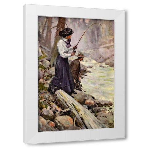 Lady Fishing from The Greater Power 1909 White Modern Wood Framed Art Print by Dunton, William
