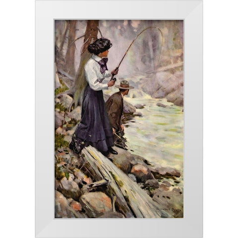 Lady Fishing from The Greater Power 1909 White Modern Wood Framed Art Print by Dunton, William
