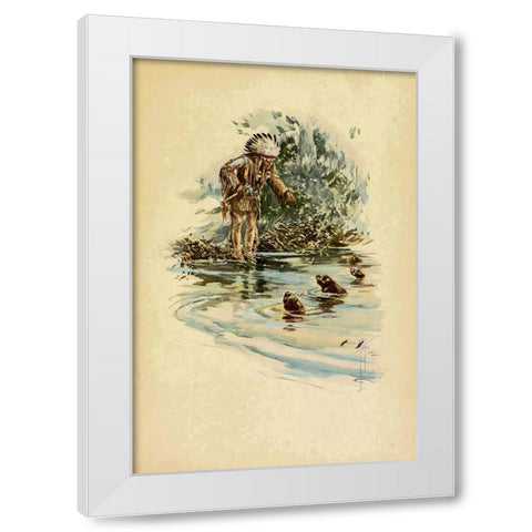 Indian and otters from The Song of Hiawatha 1906 White Modern Wood Framed Art Print by Fisher, Harrison